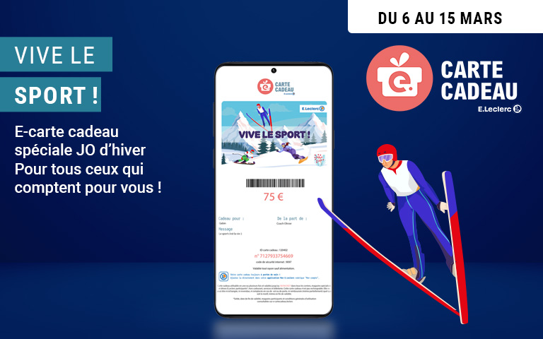 <p>Vive le sport ! Du 6 au 15 mars. La carte cadeau E.Leclerc pour tous ceux qui comptent pour vous. Offrir. &nbsp;</p>